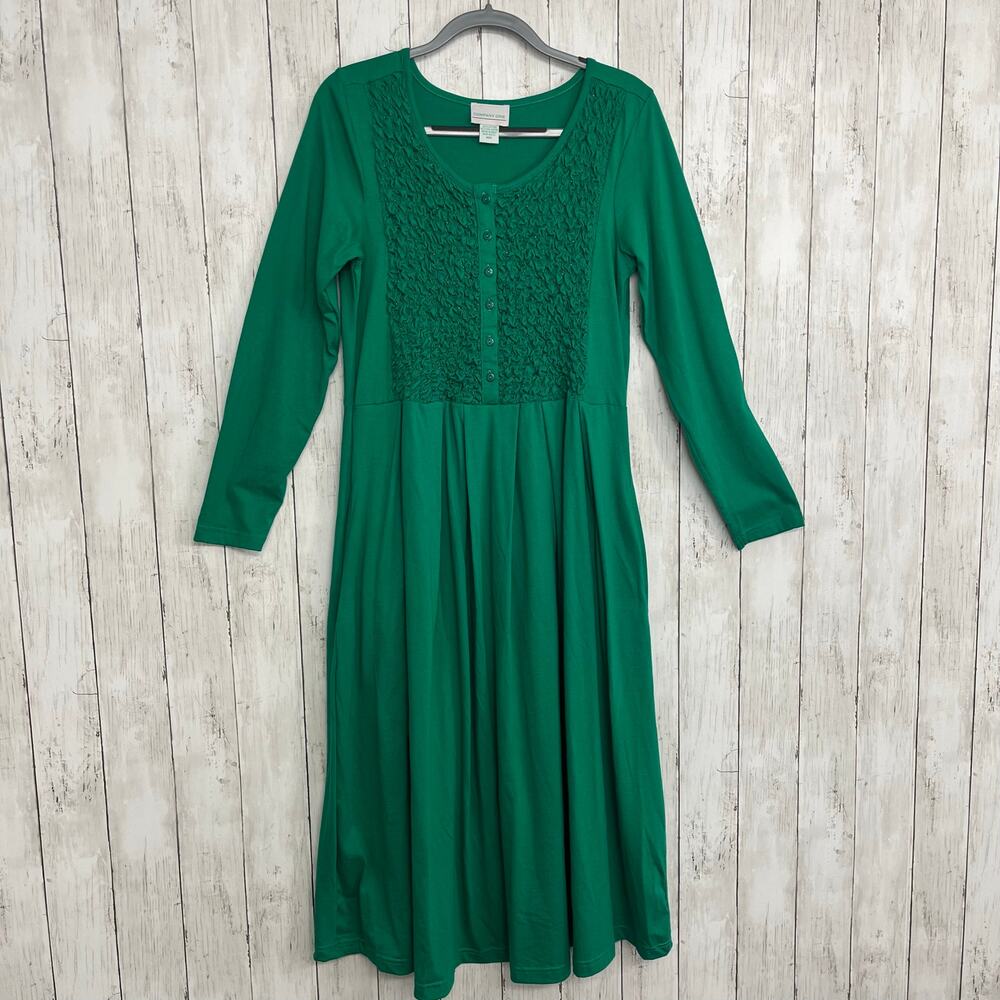 Company One Green Long Sleeve Midi Dress Womens M Button Pintuck Pleated Casual